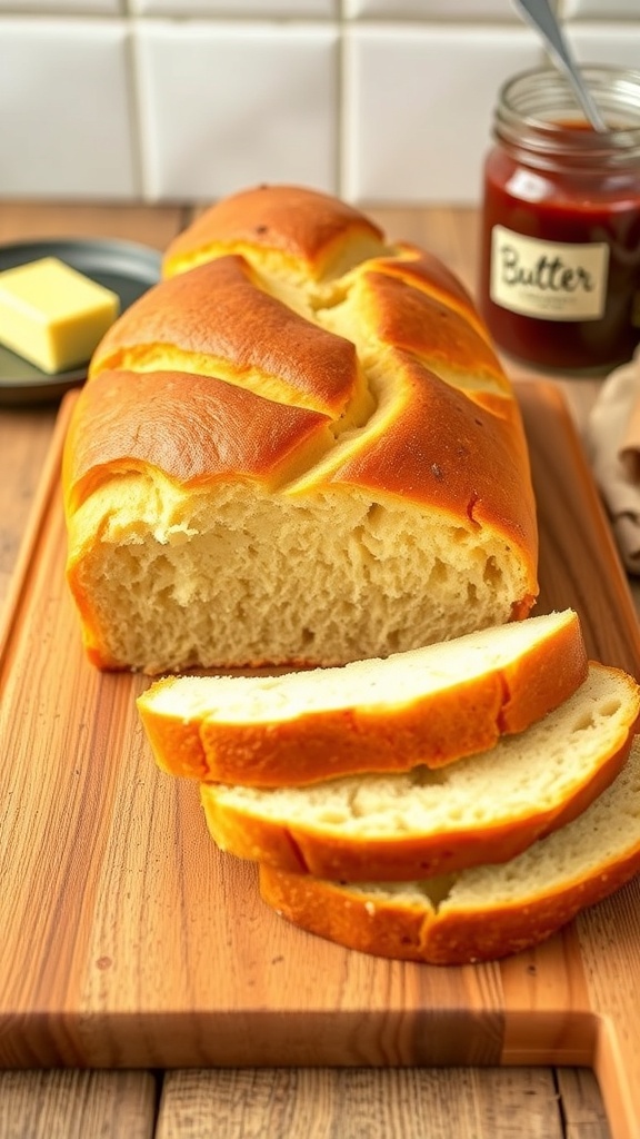 Homemade Sandwich Bread Recipe A loaf of homemade sandwich bread sliced on a cutting board with a rustic kitchen background.